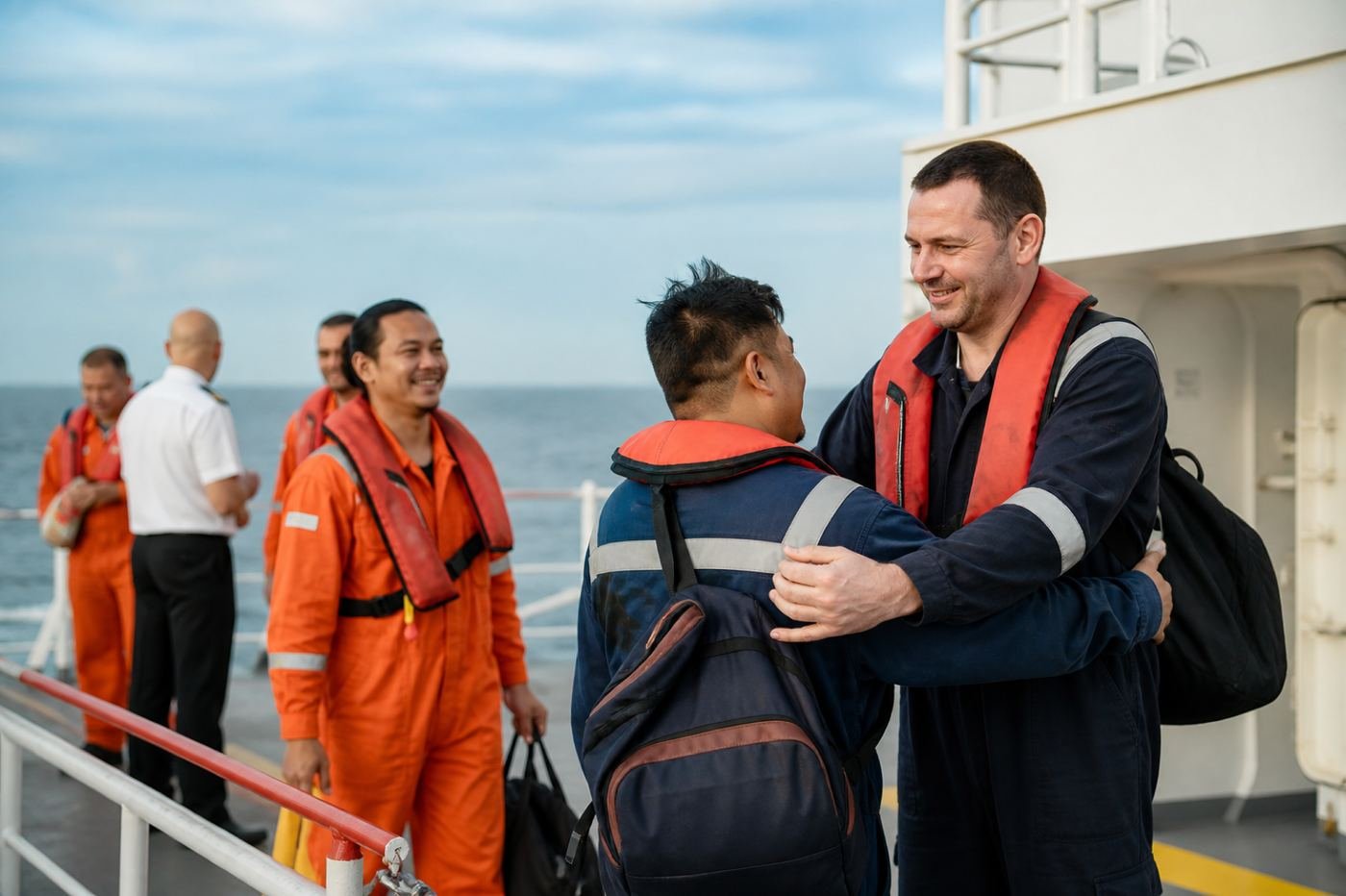 Crew change operations on vessel deck